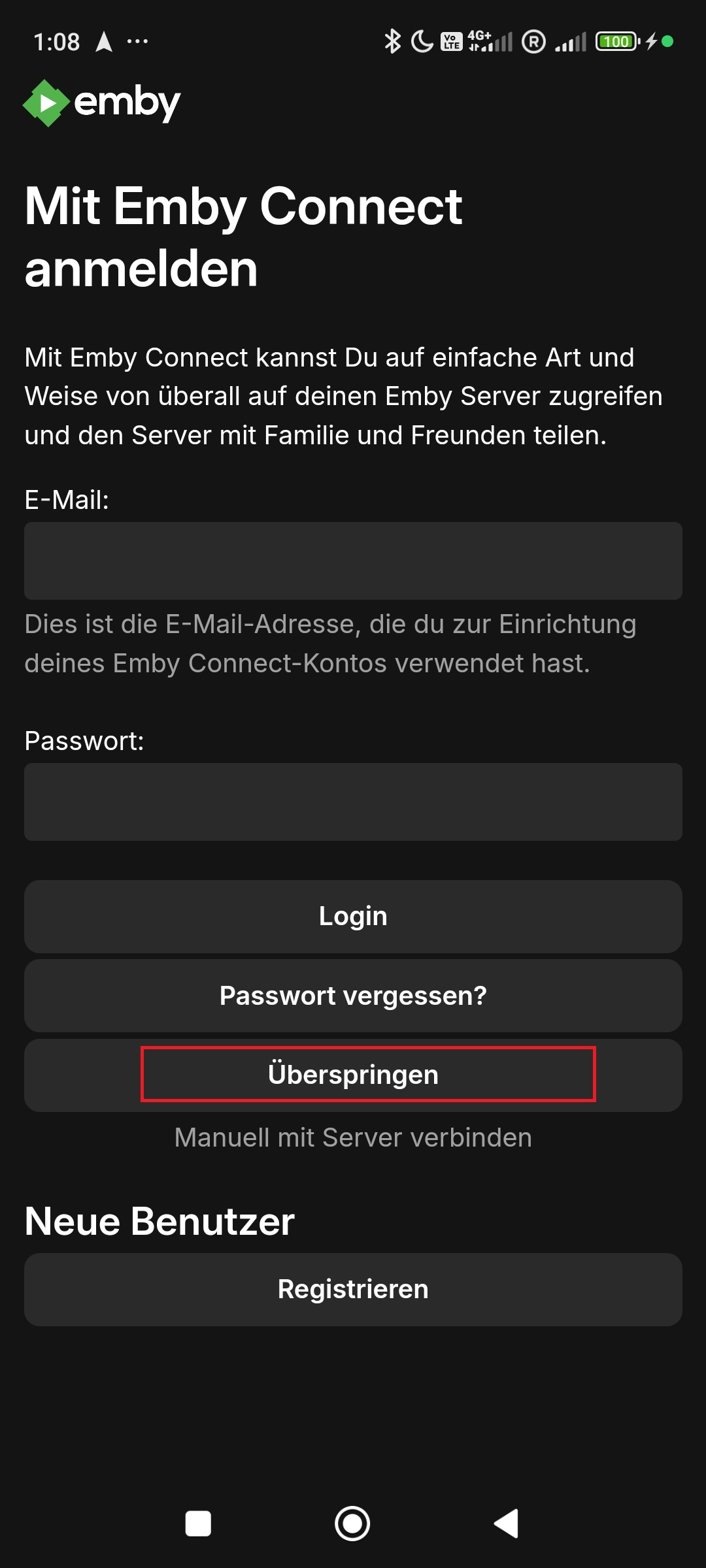 Screenshot: Emby-App, Schritt 1 – Emby Connect überspringen