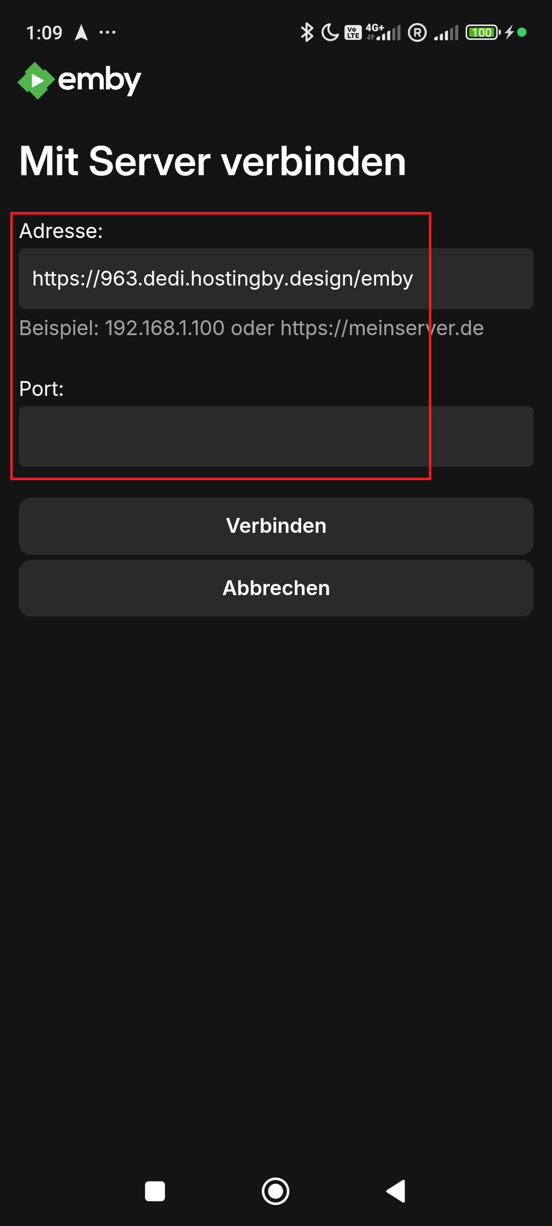 Screenshot: Emby-App, Schritt 2 – Serveradresse eingeben